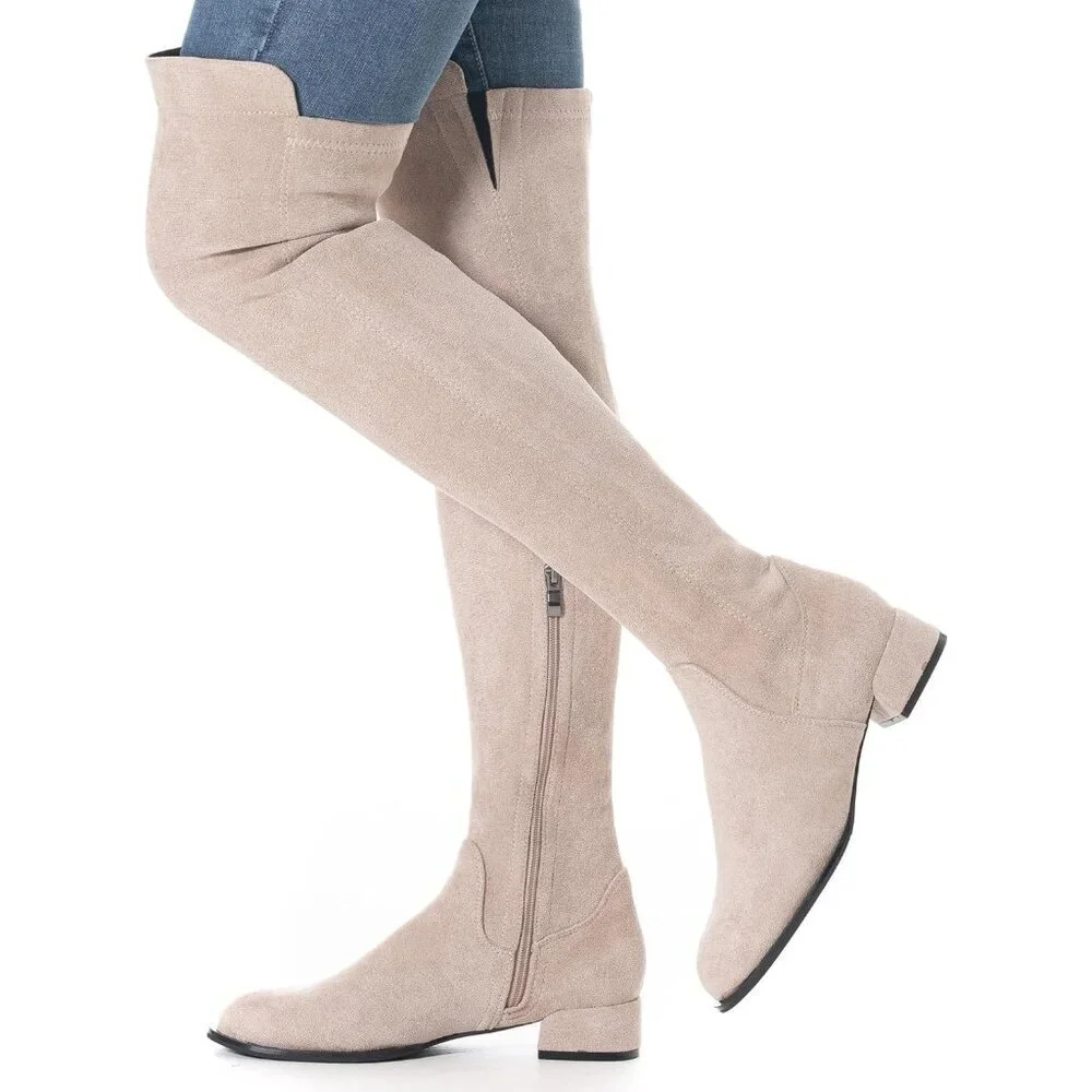Women Neutral/1in Suede Over the Knee Thigh High Chunky Block Heel Winter Boots